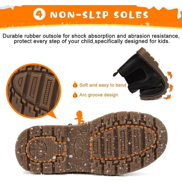 Kids Black Waterproof Lightweight Fur Lined Ankle Boots Baby Winter Shoes - Picture 6 of 7